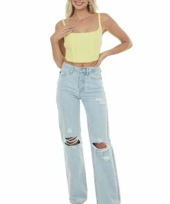 Trend Notes Pastel Lemon Cropped Ribbed Corset Knit Tank Tops