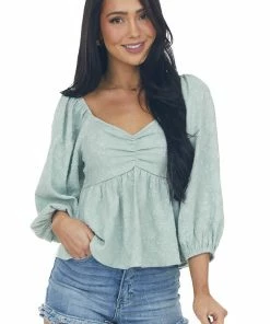 Entro Pastel Sage Floral Textured Babydoll Blouse Tops