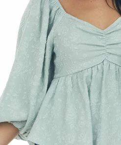 Entro Pastel Sage Floral Textured Babydoll Blouse Tops