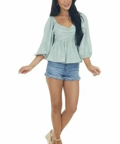 Entro Pastel Sage Floral Textured Babydoll Blouse Tops