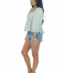 Entro Pastel Sage Floral Textured Babydoll Blouse Tops