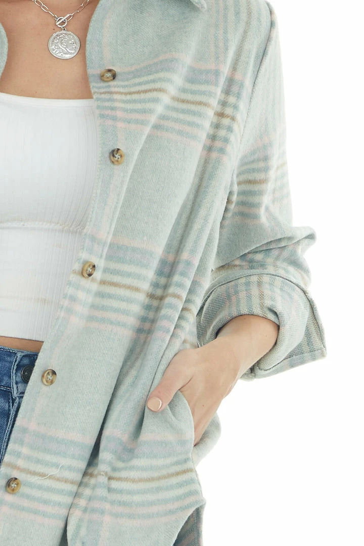 Blue B Pastel Sage Plaid Button Up Shirt Jacket 10 Blue B Pastel Sage Plaid Button Up Shirt Jacket