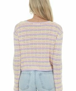 Ces Femme Tops Pastel Striped Pointelle Bell Sleeve Cardigan