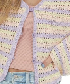 Ces Femme Tops Pastel Striped Pointelle Bell Sleeve Cardigan