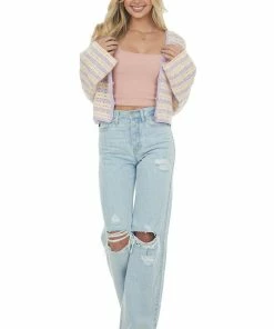 Ces Femme Tops Pastel Striped Pointelle Bell Sleeve Cardigan
