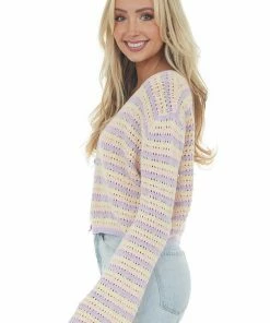 Ces Femme Tops Pastel Striped Pointelle Bell Sleeve Cardigan