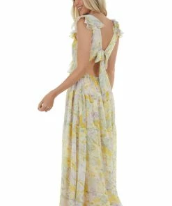 Aakaa Dresses Pastel Yellow Floral Open Back Maxi Dress