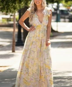 Aakaa Dresses Pastel Yellow Floral Open Back Maxi Dress
