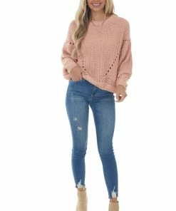 Charlotte Avery Peach Chenille Bubble Sleeve Cut Out Sweater