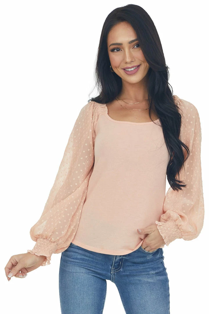 Hailey & Co Peach Crinkled Swiss Dot Long Sleeve Top Tops 3 Hailey & Co Peach Crinkled Swiss Dot Long Sleeve Top Tops