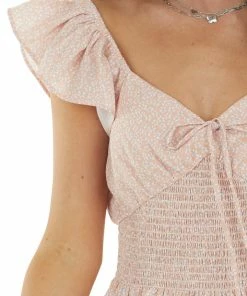 Lush Clothing Tops Peach Ditsy Floral Short Sleeve Crop Top With Smocked Detail