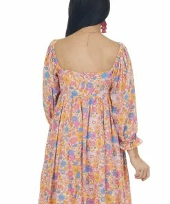 Sweet Lemon Peach Floral Babydoll 3/4 Sleeve Short Dress Dresses