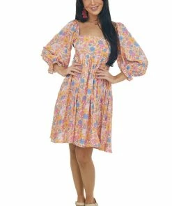 Sweet Lemon Peach Floral Babydoll 3/4 Sleeve Short Dress Dresses