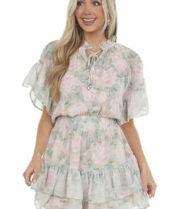 Entro Peach Floral Print Ruffle Woven Mini Dress