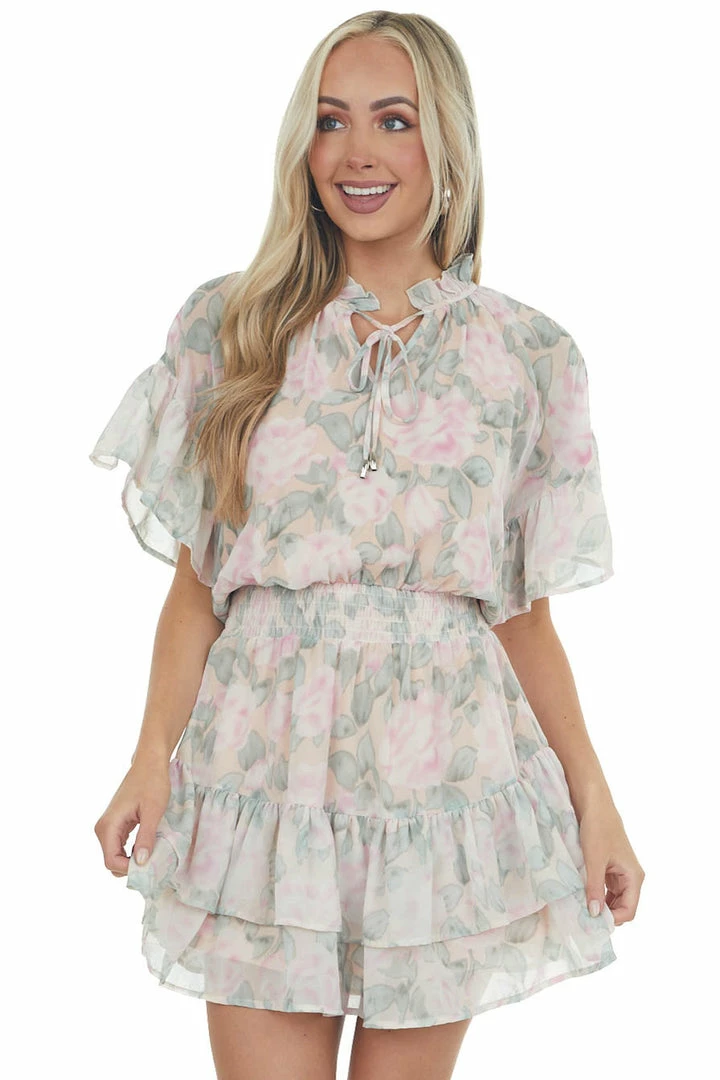 Entro Peach Floral Print Ruffle Woven Mini Dress 3 Entro Peach Floral Print Ruffle Woven Mini Dress