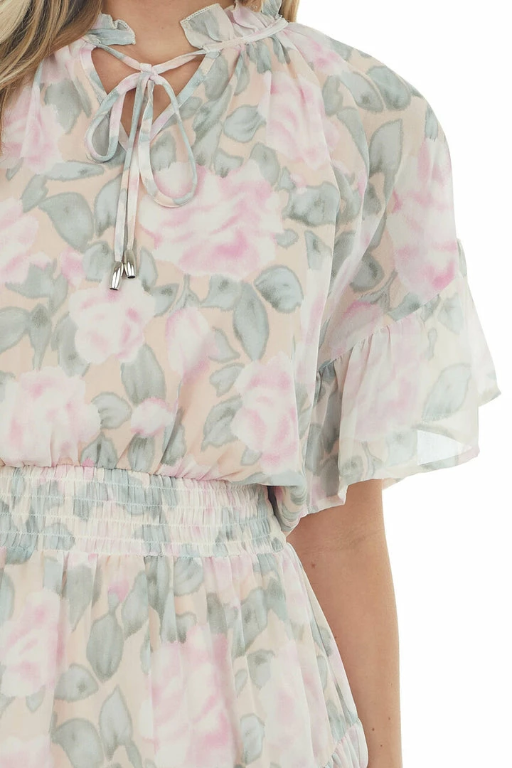 Entro Peach Floral Print Ruffle Woven Mini Dress 10 Entro Peach Floral Print Ruffle Woven Mini Dress