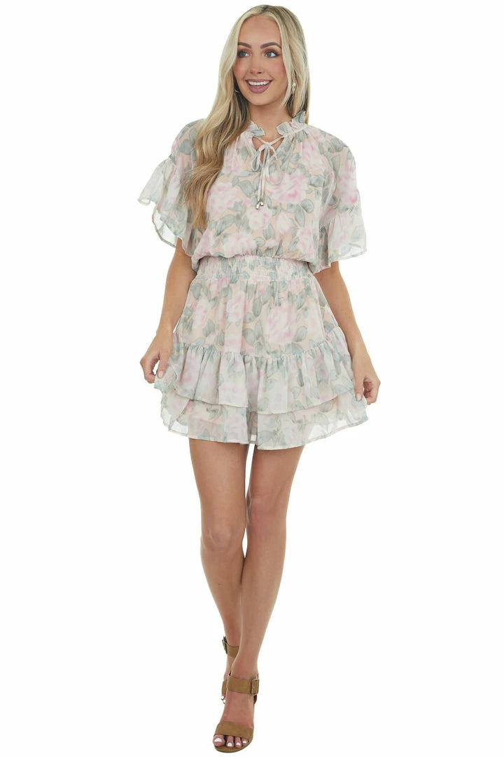 Entro Peach Floral Print Ruffle Woven Mini Dress 4 Entro Peach Floral Print Ruffle Woven Mini Dress
