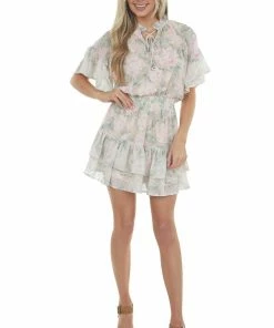 Entro Peach Floral Print Ruffle Woven Mini Dress 18 Entro Peach Floral Print Ruffle Woven Mini Dress