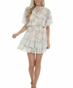 Entro Peach Floral Print Ruffle Woven Mini Dress 17 Entro Peach Floral Print Ruffle Woven Mini Dress