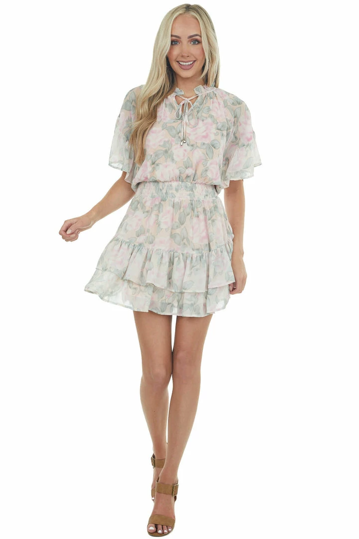 Entro Peach Floral Print Ruffle Woven Mini Dress 5 Entro Peach Floral Print Ruffle Woven Mini Dress