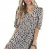 Staccato Peach Floral Print Surplice Dress With Short Sleeves