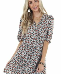 Staccato Peach Floral Print Surplice Dress With Short Sleeves