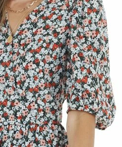 Staccato Peach Floral Print Surplice Dress With Short Sleeves 25 Staccato Peach Floral Print Surplice Dress With Short Sleeves