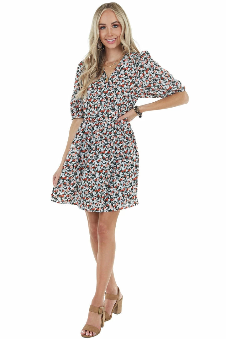 Staccato Peach Floral Print Surplice Dress With Short Sleeves 7 Staccato Peach Floral Print Surplice Dress With Short Sleeves