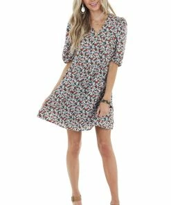 Staccato Peach Floral Print Surplice Dress With Short Sleeves 19 Staccato Peach Floral Print Surplice Dress With Short Sleeves