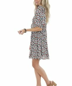 Staccato Peach Floral Print Surplice Dress With Short Sleeves 23 Staccato Peach Floral Print Surplice Dress With Short Sleeves
