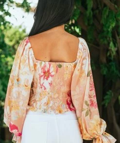 Flying Tomato Peach Floral Smocked Long Poet Sleeve Blouse