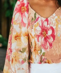 Flying Tomato Peach Floral Smocked Long Poet Sleeve Blouse