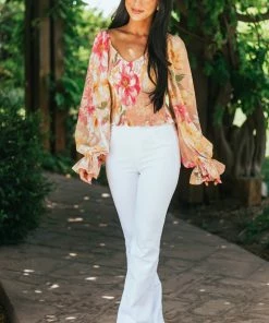 Flying Tomato Peach Floral Smocked Long Poet Sleeve Blouse