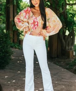 Flying Tomato Peach Floral Smocked Long Poet Sleeve Blouse