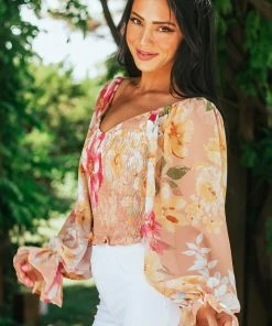 Flying Tomato Peach Floral Smocked Long Poet Sleeve Blouse