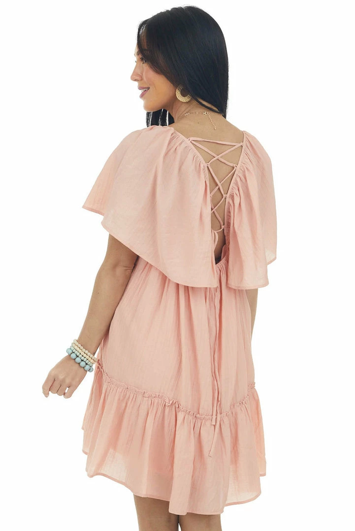 Flying Tomato Peach Lace Up Back Flowy Sleeve Textured Dress 6 Flying Tomato Peach Lace Up Back Flowy Sleeve Textured Dress