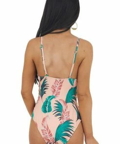 Envya Peach Leaf Print One Piece Swimsuit With Cutout Details 23 Envya Peach Leaf Print One Piece Swimsuit With Cutout Details
