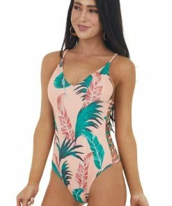 Envya Peach Leaf Print One Piece Swimsuit With Cutout Details 21 Envya Peach Leaf Print One Piece Swimsuit With Cutout Details