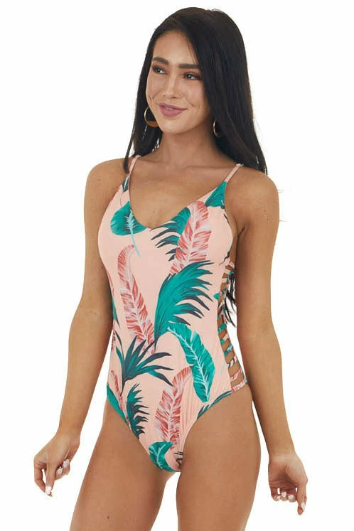 Envya Peach Leaf Print One Piece Swimsuit With Cutout Details 6 Envya Peach Leaf Print One Piece Swimsuit With Cutout Details