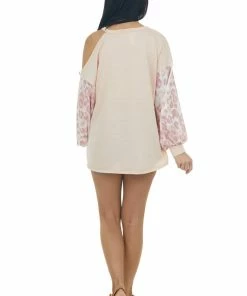 BiBi Peach Leopard Colorblock Cold Shoulder Top Tops