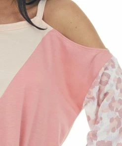 BiBi Peach Leopard Colorblock Cold Shoulder Top Tops