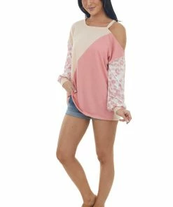 BiBi Peach Leopard Colorblock Cold Shoulder Top Tops
