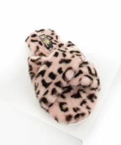 MACHI FOOTWEAR Shoes Peach Leopard Fuzzy Open Toed Slippers With Criss Cross Tops