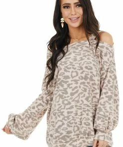 Ces Femme Peach Leopard Print Long Bubble Sleeve Cold Shoulder Top Tops