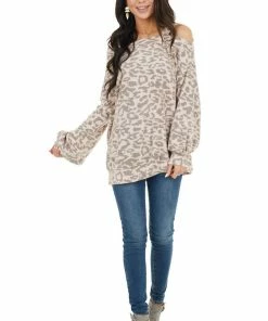 Ces Femme Peach Leopard Print Long Bubble Sleeve Cold Shoulder Top Tops