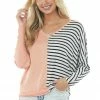 MACARON Tops Peach Long Dolman Sleeve Top With Striped Contrast 1 MACARON Tops Peach Long Dolman Sleeve Top With Striped Contrast
