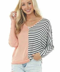 MACARON Tops Peach Long Dolman Sleeve Top With Striped Contrast
