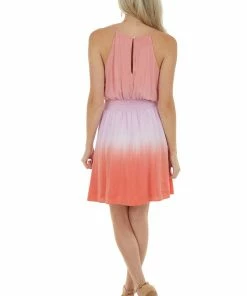 She + Sky Peach Ombre Dye Sleeveless Halter Neck Dress
