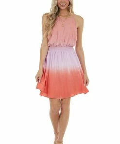 She + Sky Peach Ombre Dye Sleeveless Halter Neck Dress