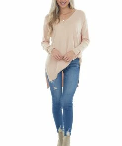 ZENANA Tops Peach Oversized High Low Hem Knit Tunic Top